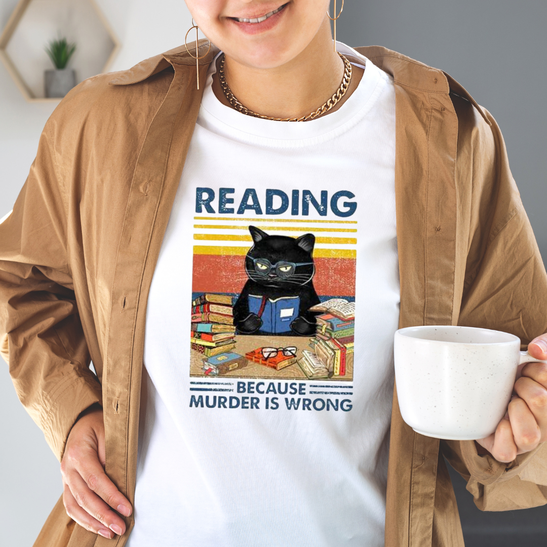 Black Cat Reading Murdering T Shirt